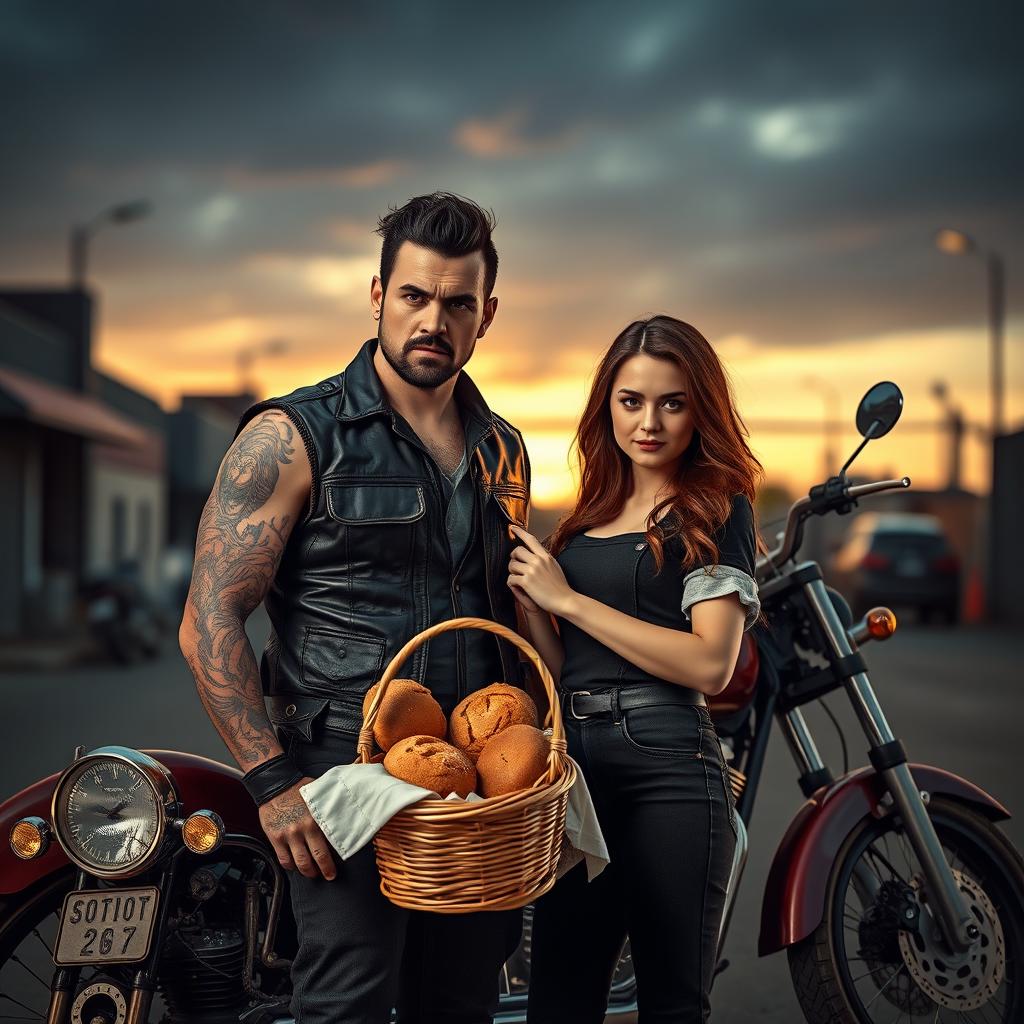 A gritty motorcycle club scene featuring a dark-haired, tattooed male biker with a rugged appearance, wearing a leather vest and a fierce expression