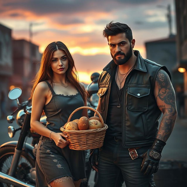 A gritty motorcycle club scene featuring a dark-haired, tattooed male biker with a rugged appearance, wearing a leather vest and a fierce expression