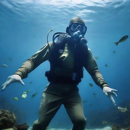 Gambar digital beresolusi tinggi ini menggambarkan pemandangan bawah laut yang sangat dalam dan misterius, dengan berbagai jenis ikan dan makhluk laut, serta tanaman dan batuan di dasar laut