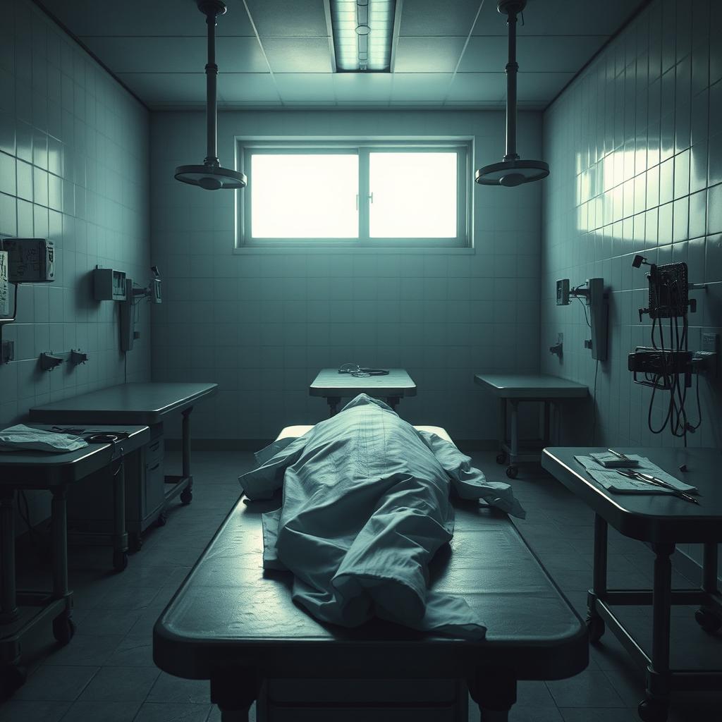 A detailed and eerie depiction of a morgue scene with cold metal tables, bright overhead lights casting dramatic shadows, and sterile white walls