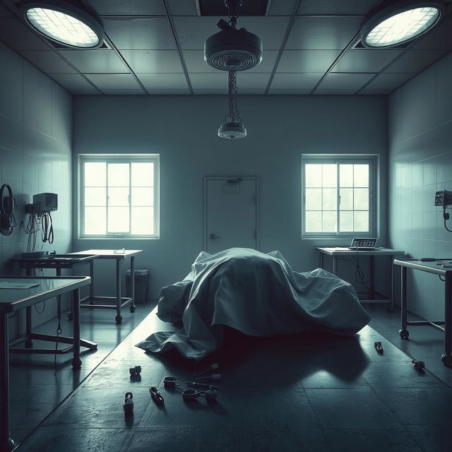 A detailed and eerie depiction of a morgue scene with cold metal tables, bright overhead lights casting dramatic shadows, and sterile white walls