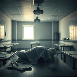 A detailed and eerie depiction of a morgue scene with cold metal tables, bright overhead lights casting dramatic shadows, and sterile white walls