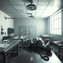 A detailed and eerie depiction of a morgue scene with cold metal tables, bright overhead lights casting dramatic shadows, and sterile white walls