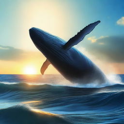 A high-quality digital art image of a breathtaking ocean scene with a gigantic whale, the size of a mountain, breaching the surface