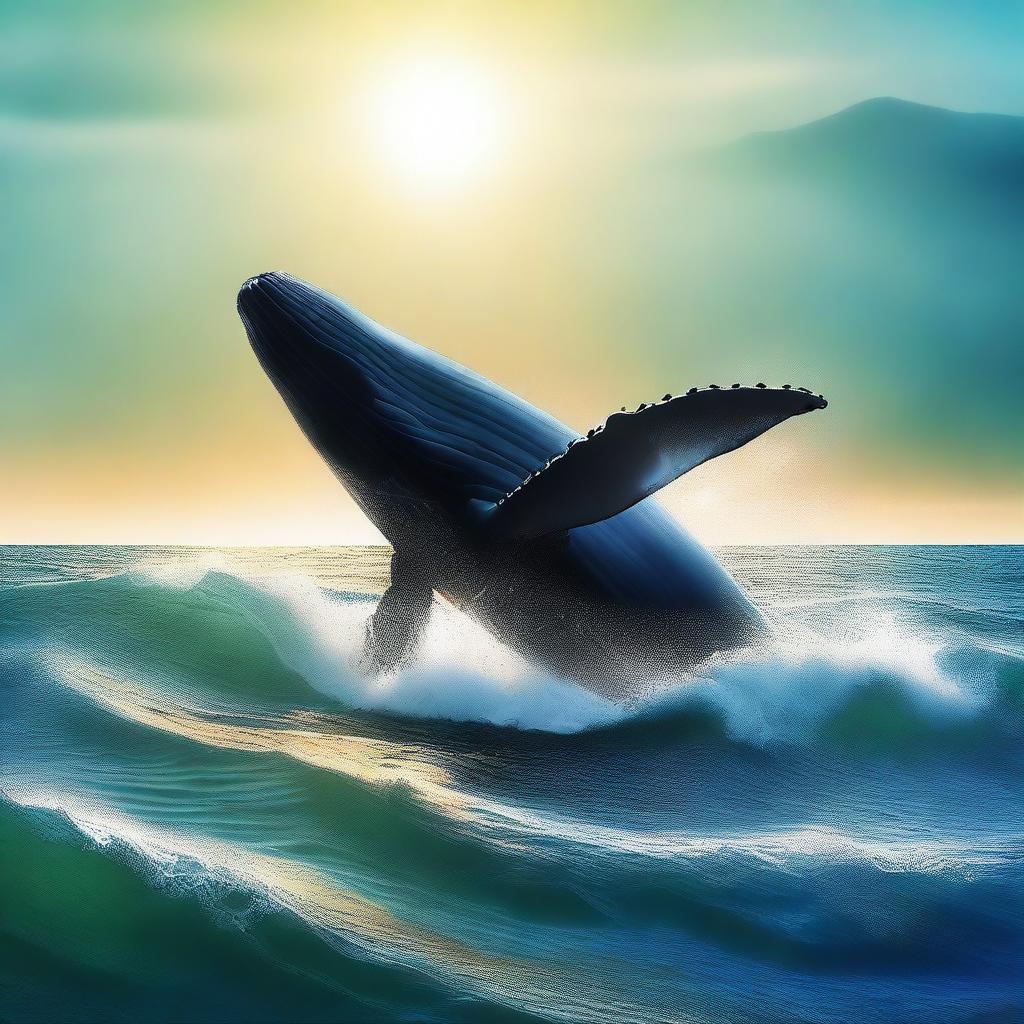 A high-quality digital art image of a breathtaking ocean scene with a gigantic whale, the size of a mountain, breaching the surface