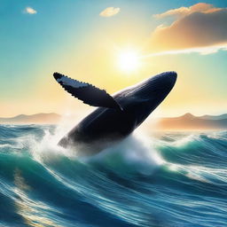 A high-quality digital art image of a breathtaking ocean scene with a gigantic whale, the size of a mountain, breaching the surface