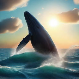 A high-quality digital art image of a breathtaking ocean scene with a gigantic whale, the size of a mountain, breaching the surface