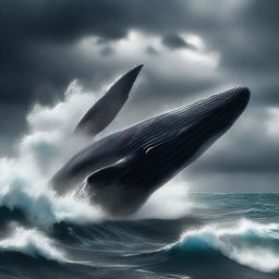 A high-quality digital art image depicting a dramatic scene of a colossal, furious whale causing destruction in the middle of the ocean