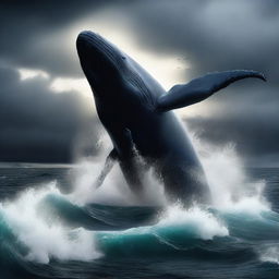 A high-quality digital art image depicting a dramatic scene of a colossal, furious whale causing destruction in the middle of the ocean