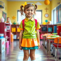 A playful and imaginative depiction of a young school girl in a fashionable latex mini skirt and a matching latex shirt