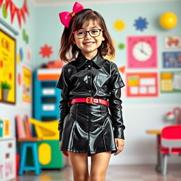 A playful and imaginative depiction of a young school girl in a fashionable latex mini skirt and a matching latex shirt