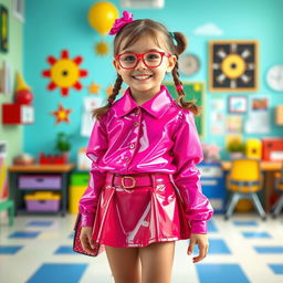 A playful and imaginative depiction of a young school girl in a fashionable latex mini skirt and a matching latex shirt