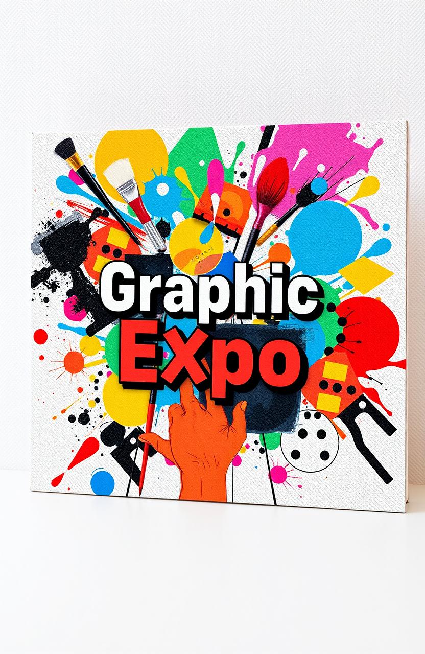 A vibrant album cover titled 'Graphic Expo' showcasing a collage of various art styles, including abstract, surrealism, and pop art