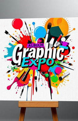 A vibrant album cover titled 'Graphic Expo' showcasing a collage of various art styles, including abstract, surrealism, and pop art
