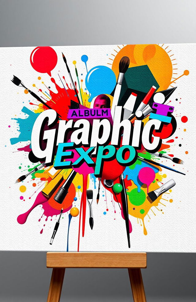 A vibrant album cover titled 'Graphic Expo' showcasing a collage of various art styles, including abstract, surrealism, and pop art