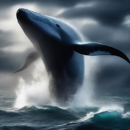 A high-quality digital art image depicting a dramatic scene of a colossal, furious whale causing destruction in the middle of the ocean