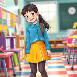 A playful and imaginative illustration of a young school girl, around ten years old, dressed in a vibrant latex mini skirt and a matching latex shirt