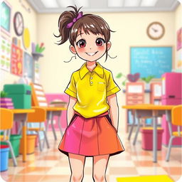 A playful and imaginative illustration of a young school girl, around ten years old, dressed in a vibrant latex mini skirt and a matching latex shirt