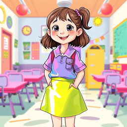 A playful and imaginative illustration of a young school girl, around ten years old, dressed in a vibrant latex mini skirt and a matching latex shirt