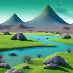 A digital art depiction of the Precambrian era, featuring barren landscapes, active volcanoes, and the greenish-blue carpet of cyanobacteria