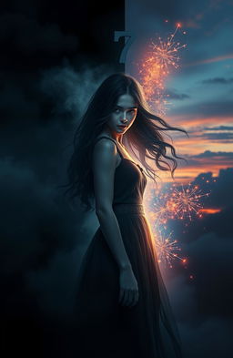 A dark romance scene depicting a young woman encapsulated in a surreal world between the numbers seven and four