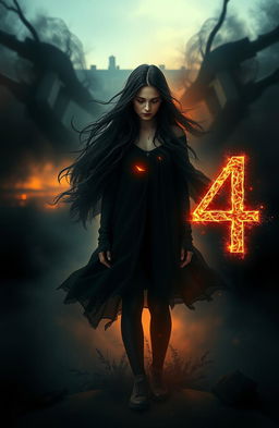 A dark romance scene depicting a young woman encapsulated in a surreal world between the numbers seven and four