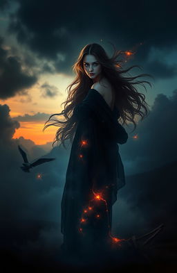 A dark romance scene depicting a young woman encapsulated in a surreal world between the numbers seven and four