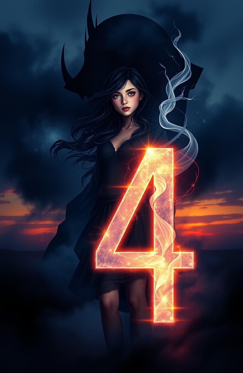 A dark romance scene depicting a young woman encapsulated in a surreal world between the numbers seven and four