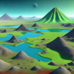 A digital art depiction of the Precambrian era, featuring barren landscapes, active volcanoes, and the greenish-blue carpet of cyanobacteria