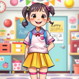 A whimsical and imaginative illustration of a young school girl in a playful outfit featuring a latex mini skirt and a matching latex shirt