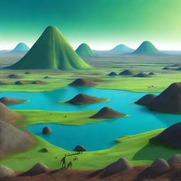 A digital art depiction of the Precambrian era, featuring barren landscapes, active volcanoes, and the greenish-blue carpet of cyanobacteria