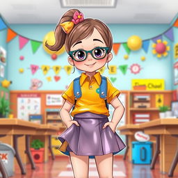 A whimsical and imaginative illustration of a young school girl in a playful outfit featuring a latex mini skirt and a matching latex shirt