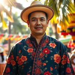 A portrait of a Spanish American mestizo man wearing an intricately embroidered barong tagalog, showcasing the elegant fabric and traditional floral designs