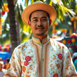 A portrait of a Spanish American mestizo man wearing an intricately embroidered barong tagalog, showcasing the elegant fabric and traditional floral designs