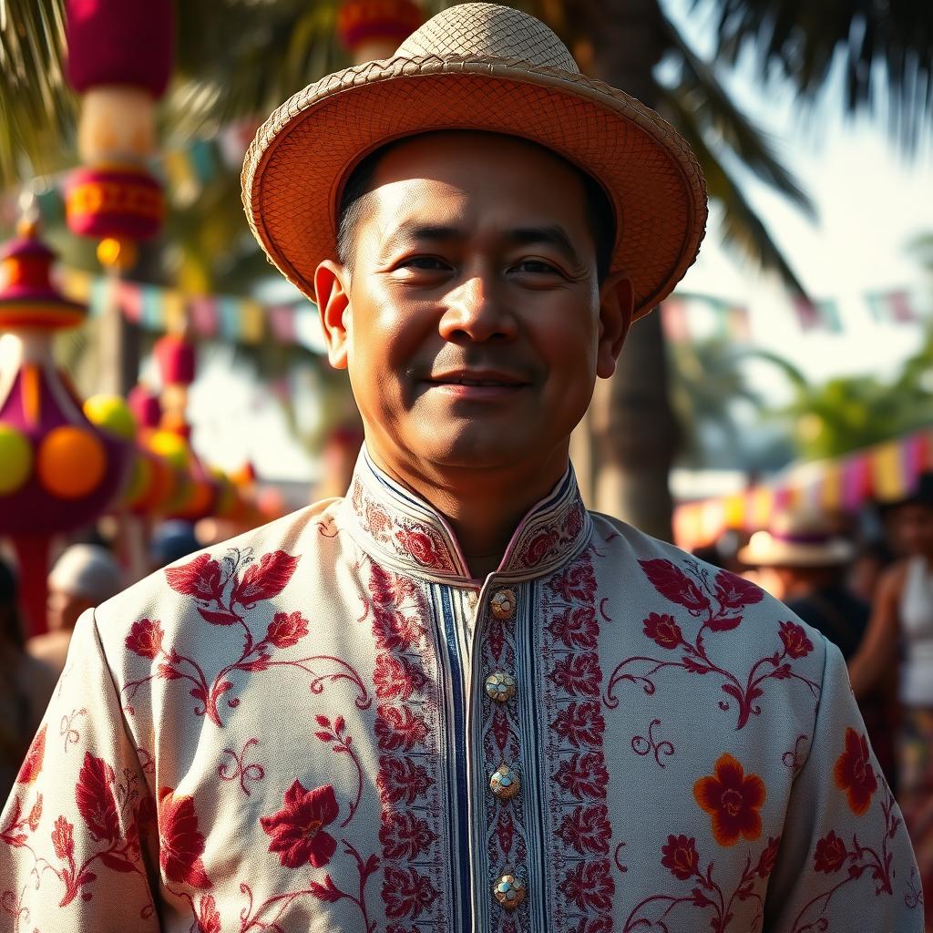 A portrait of a Spanish American mestizo man wearing an intricately embroidered barong tagalog, showcasing the elegant fabric and traditional floral designs