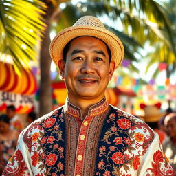A portrait of a Spanish American mestizo man wearing an intricately embroidered barong tagalog, showcasing the elegant fabric and traditional floral designs