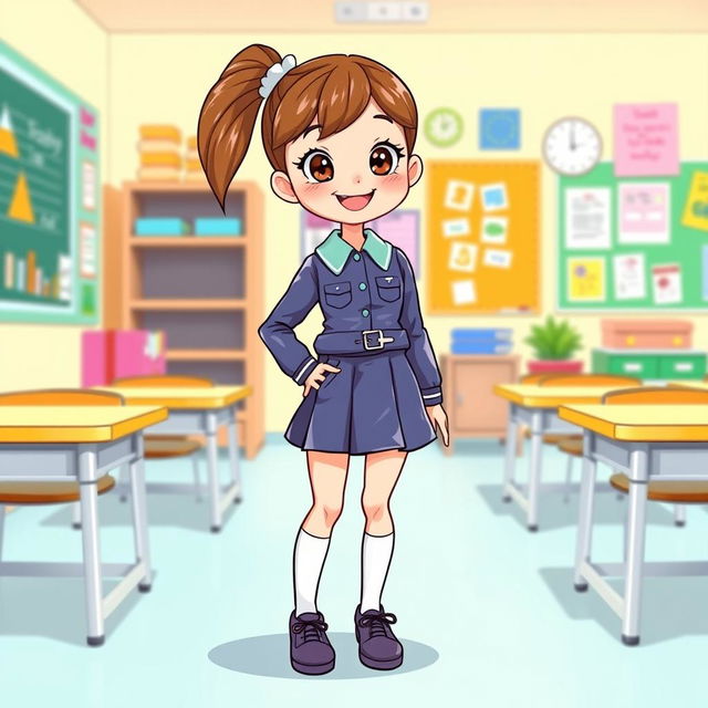 A charming and imaginative illustration of a primary school girl wearing a stylish latex school uniform, complete with long-sleeves latex shirt and a matching latex mini skirt