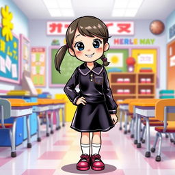 A charming and imaginative illustration of a primary school girl wearing a stylish latex school uniform, complete with long-sleeves latex shirt and a matching latex mini skirt