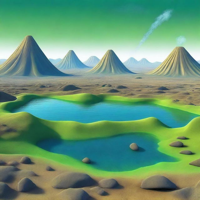 A digital art depiction of the Precambrian era, featuring barren landscapes, active volcanoes, and the greenish-blue carpet of cyanobacteria