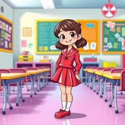 A charming and imaginative illustration of a primary school girl wearing a stylish latex school uniform, complete with long-sleeves latex shirt and a matching latex mini skirt