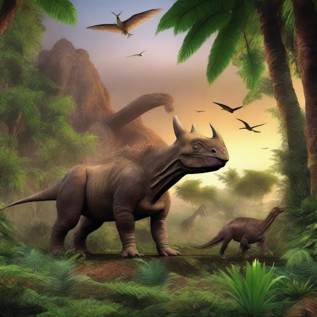 A high-resolution digital art image depicting the Cretaceous period, 65 million years ago, with Triceratops grazing, pterosaurs soaring, and a Tyrannosaurus Rex in the background