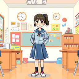 A whimsical illustration of a primary school girl wearing a playful latex school uniform, which includes a long-sleeves latex shirt and a matching latex mini skirt