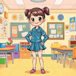 A whimsical illustration of a primary school girl wearing a playful latex school uniform, which includes a long-sleeves latex shirt and a matching latex mini skirt