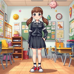 A whimsical illustration of a primary school girl wearing a playful latex school uniform, which includes a long-sleeves latex shirt and a matching latex mini skirt