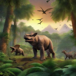 A high-resolution digital art image depicting the Cretaceous period, 65 million years ago, with Triceratops grazing, pterosaurs soaring, and a Tyrannosaurus Rex in the background