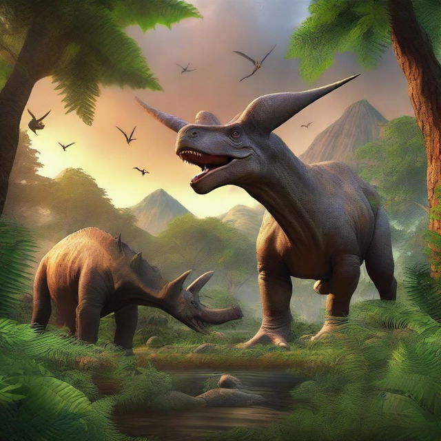 A high-resolution digital art image depicting the Cretaceous period, 65 million years ago, with Triceratops grazing, pterosaurs soaring, and a Tyrannosaurus Rex in the background