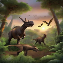 A high-resolution digital art image depicting the Cretaceous period, 65 million years ago, with Triceratops grazing, pterosaurs soaring, and a Tyrannosaurus Rex in the background