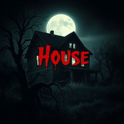 A chilling book cover design for a horror novel, featuring a decrepit old house looming under a full moon, shadows creeping across the overgrown yard