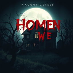 A chilling book cover design for a horror novel, featuring a decrepit old house looming under a full moon, shadows creeping across the overgrown yard