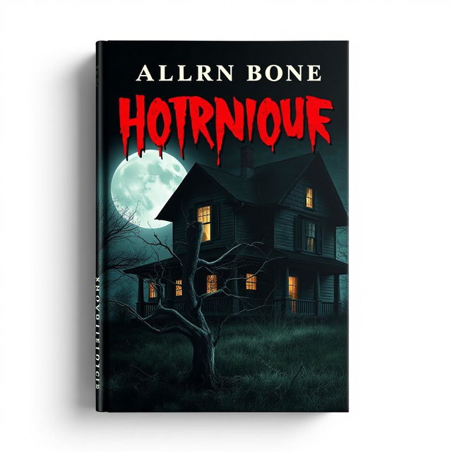 A chilling book cover design for a horror novel, featuring a decrepit old house looming under a full moon, shadows creeping across the overgrown yard